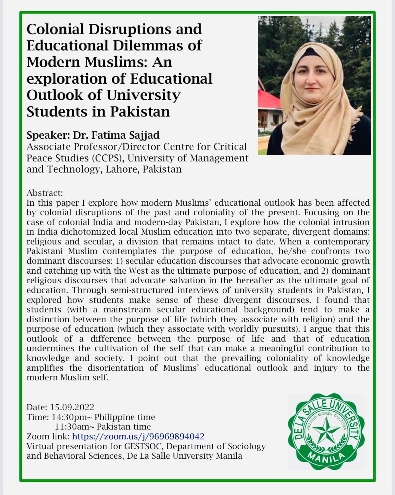 Director CCPS, Dr. Fatima Sajjad Presented her Research Paper on an Invitation from the Department of Sociology and Behavioral Sciences, De La Salle University, Manila.