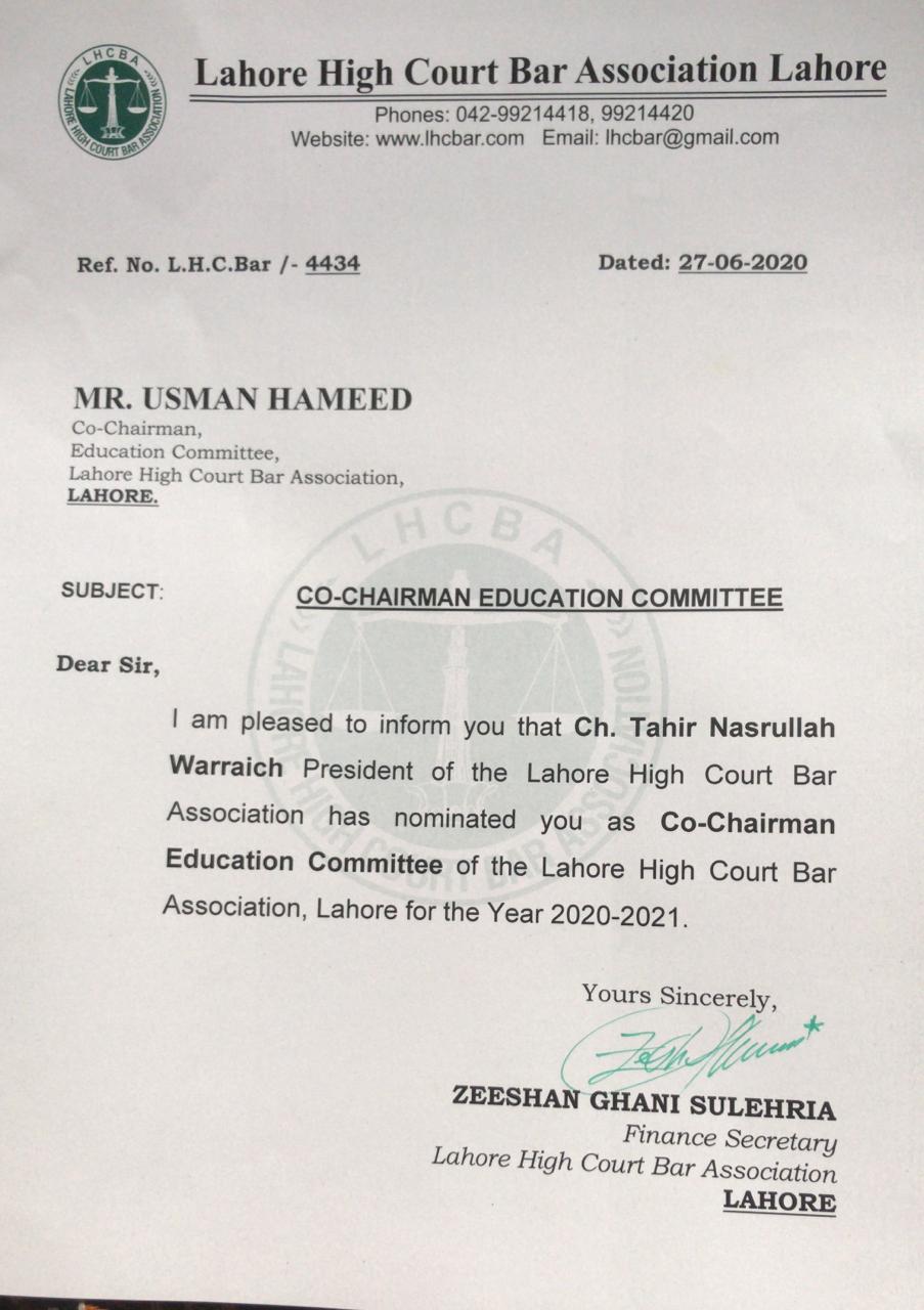 Dr. Usman Hameed Appointed as Co-Chairman Education Committee