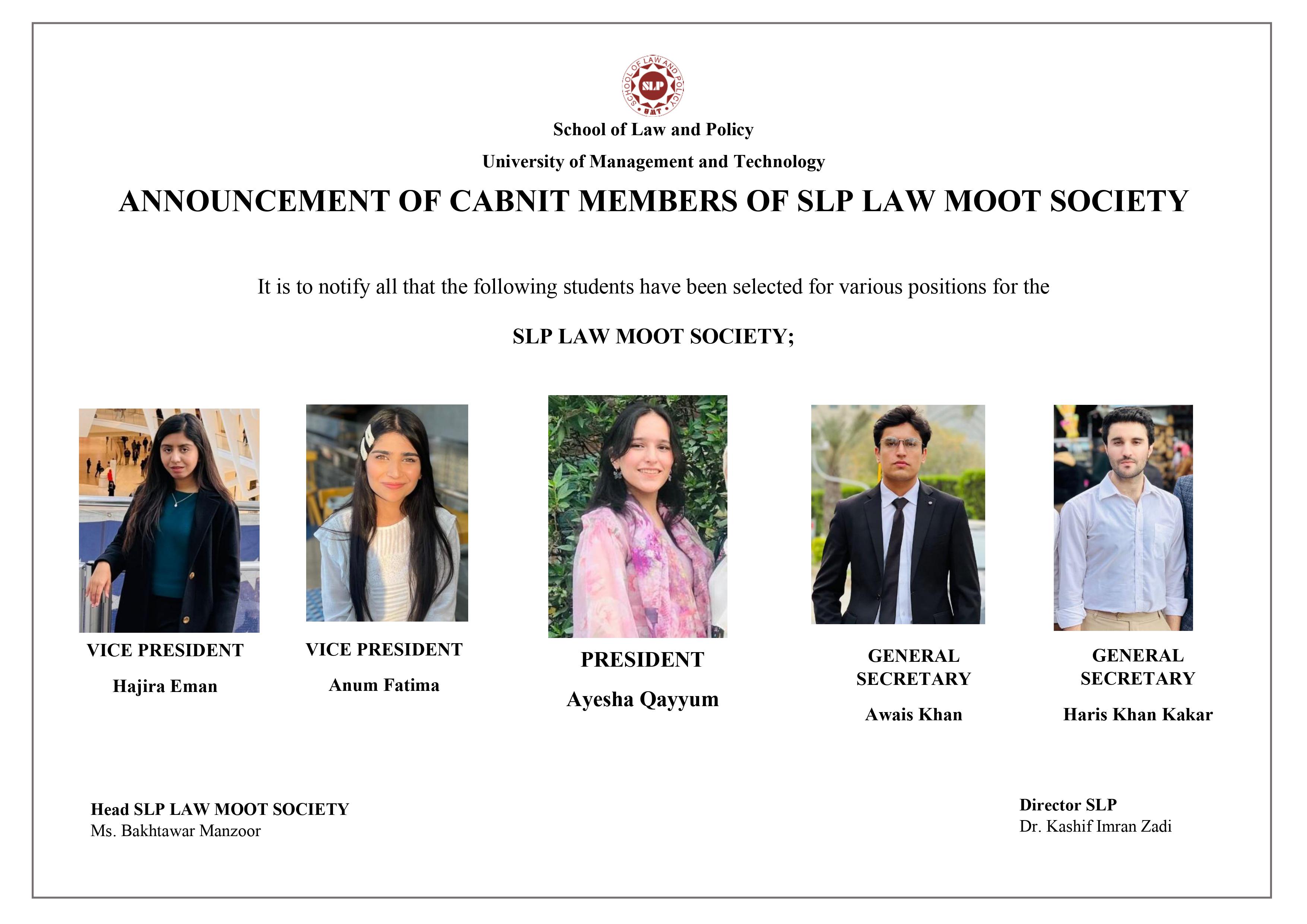 ANNOUNCEMENT OF CABNIT MEMBERS OF SLP LAW MOOT SOCIETY