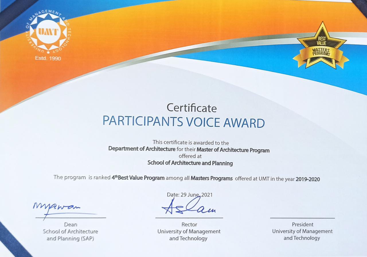 Participants Voice Award : Master of Architecture  Ranked 4th Best Value Program