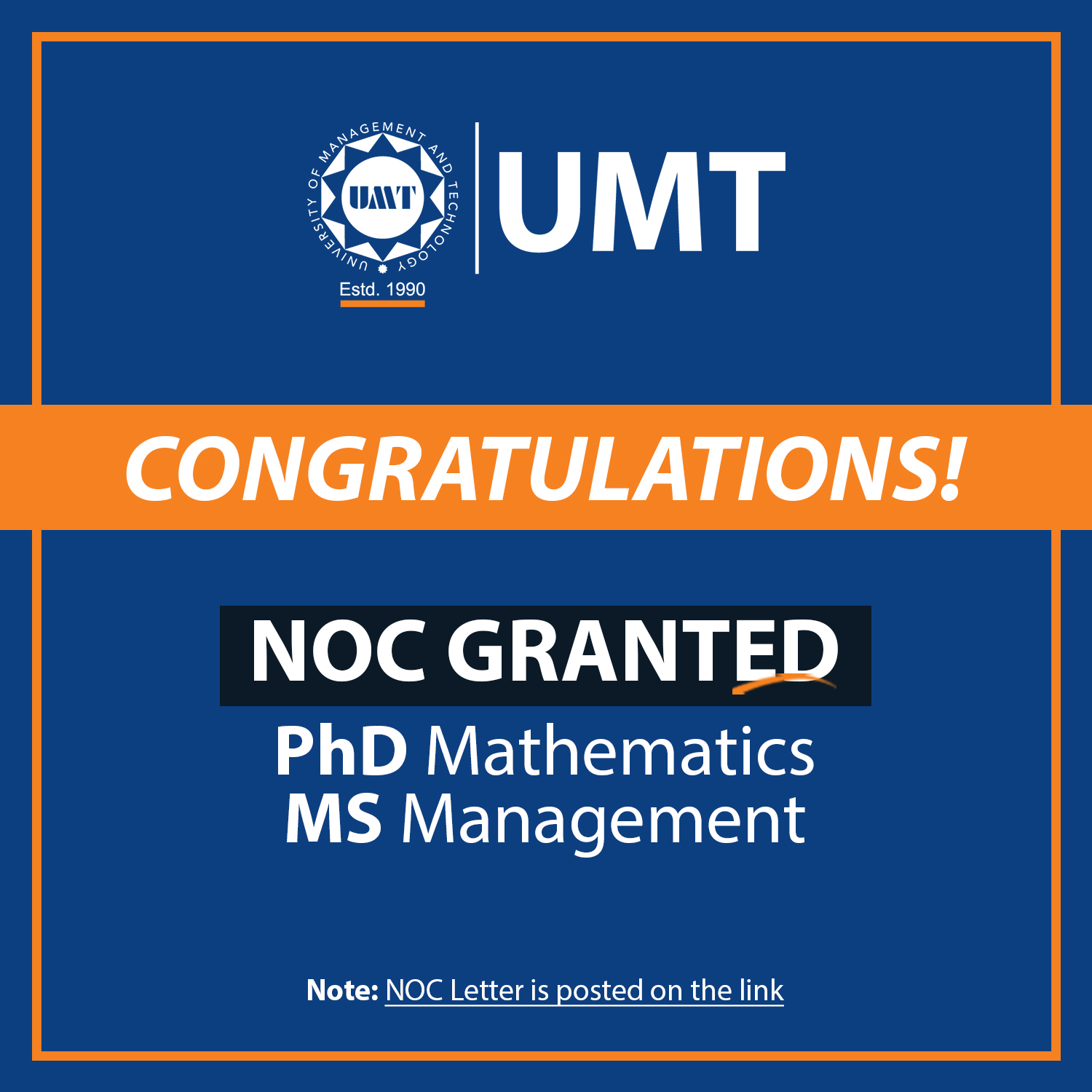 NOC Granted for PhD Mathematics and MS Management Programs